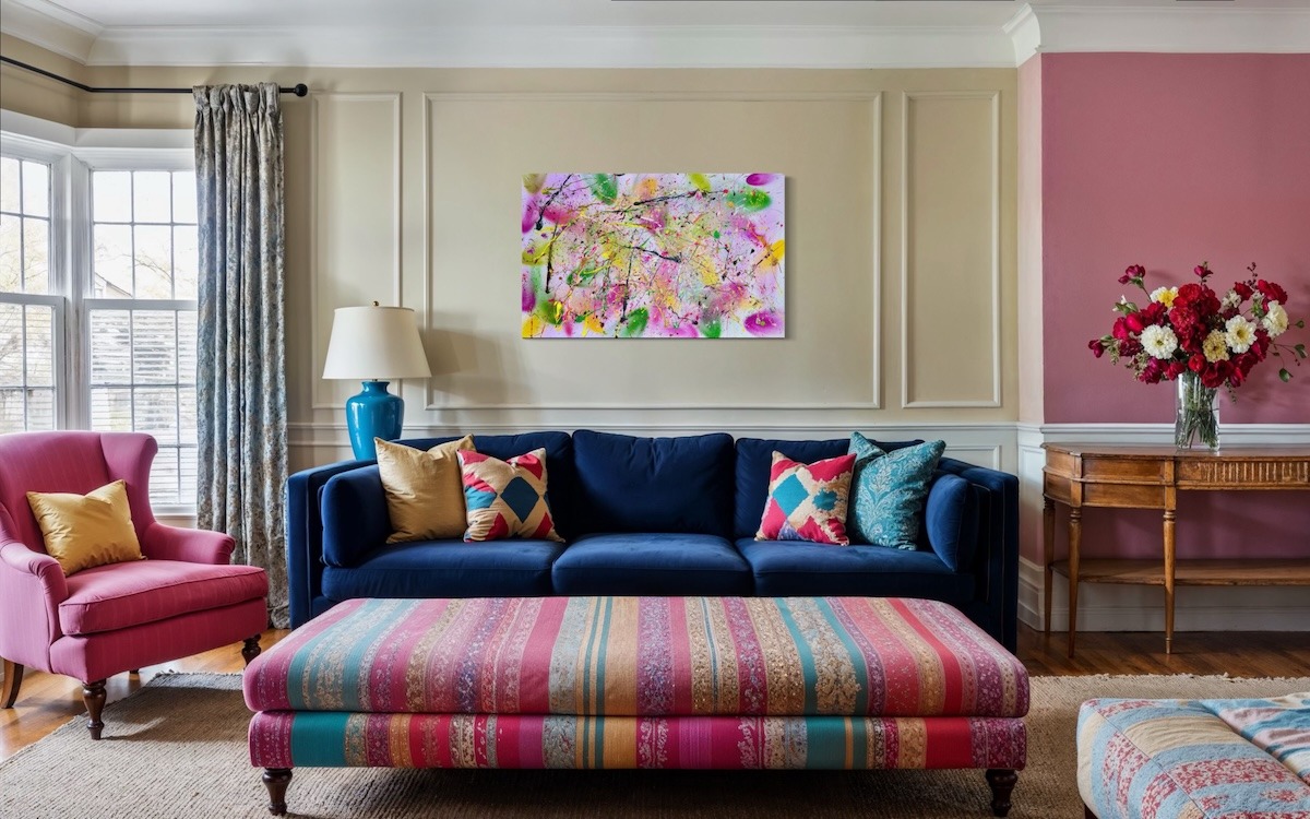 Photo de l'œuvre d'art abstrait expressionnisme de l'artiste Sylvain Martin à Montréal - Champs d'espoir dans un salon Photo de l'œuvre d'art abstrait expressionnisme de l'artiste Sylvain Martin à Montréal - Champs d'espoir dans un salon