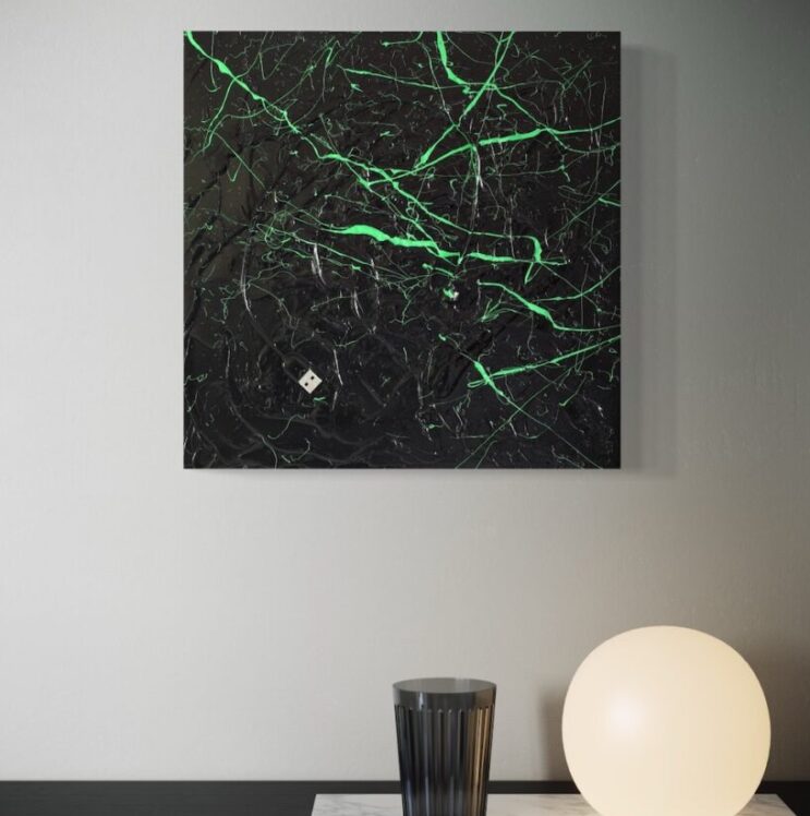 Photo de la petite œuvre expressionnisme abstrait de l'artiste Sylvain Martin bureau - Le Vert et le Noir